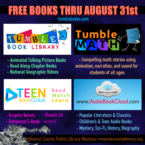 Free book library plus teen books, audio books, and math stories at Tumblebooks thru August 2020.